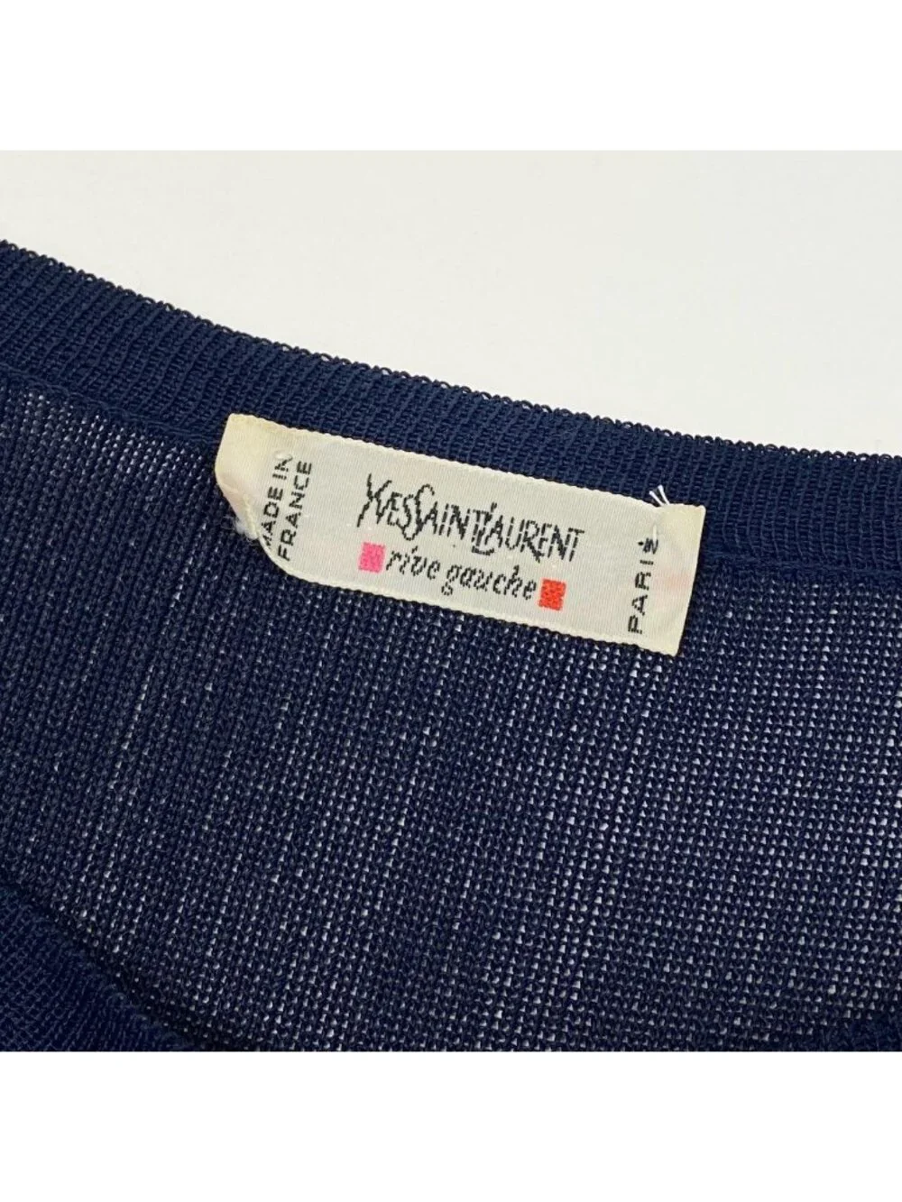 Saint Laurent Rive Gauche Rib Long Sleeve Knit Gold Button Navy Rayon Sweater